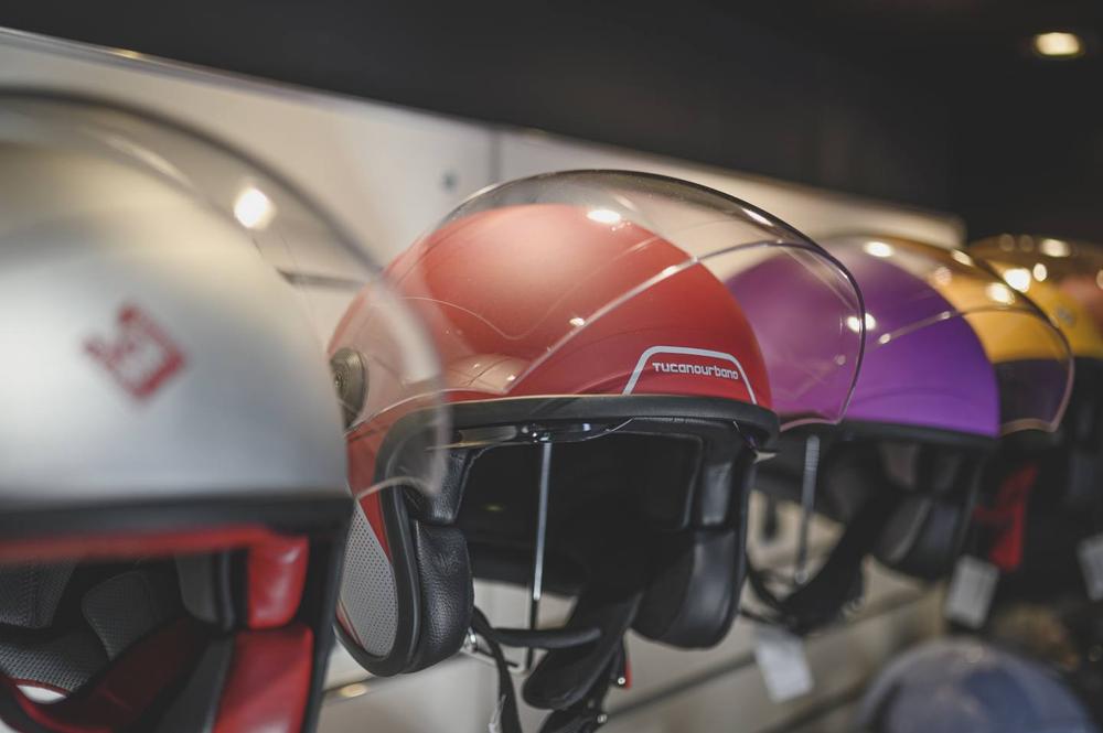 Colourful Open Face Helmets on Display